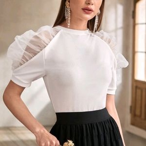 New White mesh Ruched Puff Sleeve Top